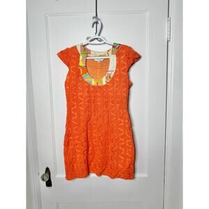 Vintage Y2K Trina Turk Orange Crochet Knit Beach Resort Slim Mini Dress Womens 4